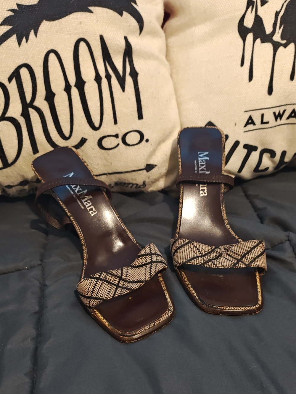 Authentic MaxMara Brown Patterned Two-Strap Slide Heels Sandals